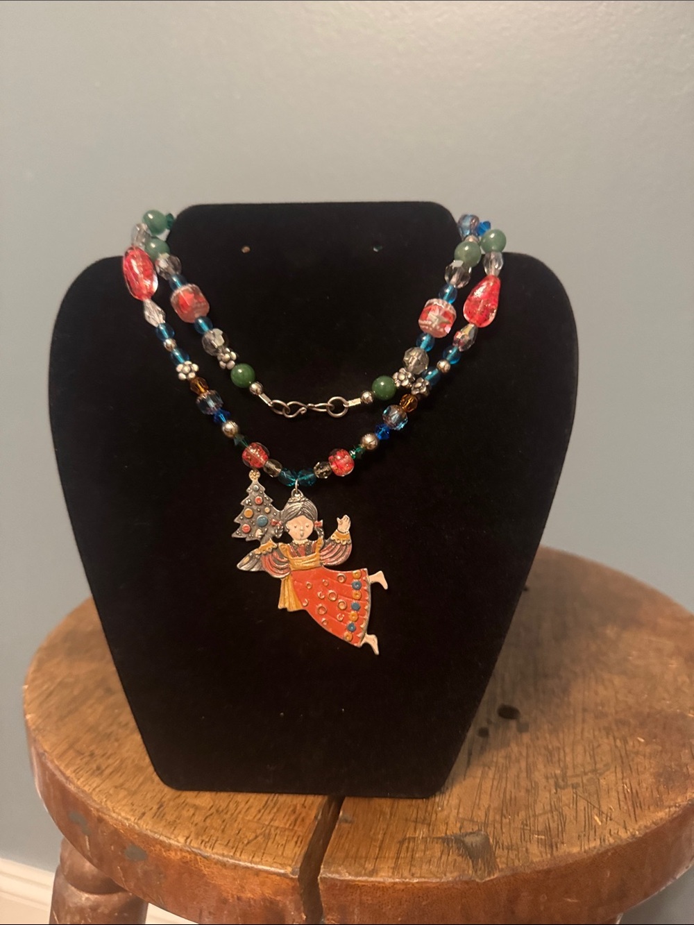 Source Unknown Red Angel Pendant Double-Strand Beaded Necklace